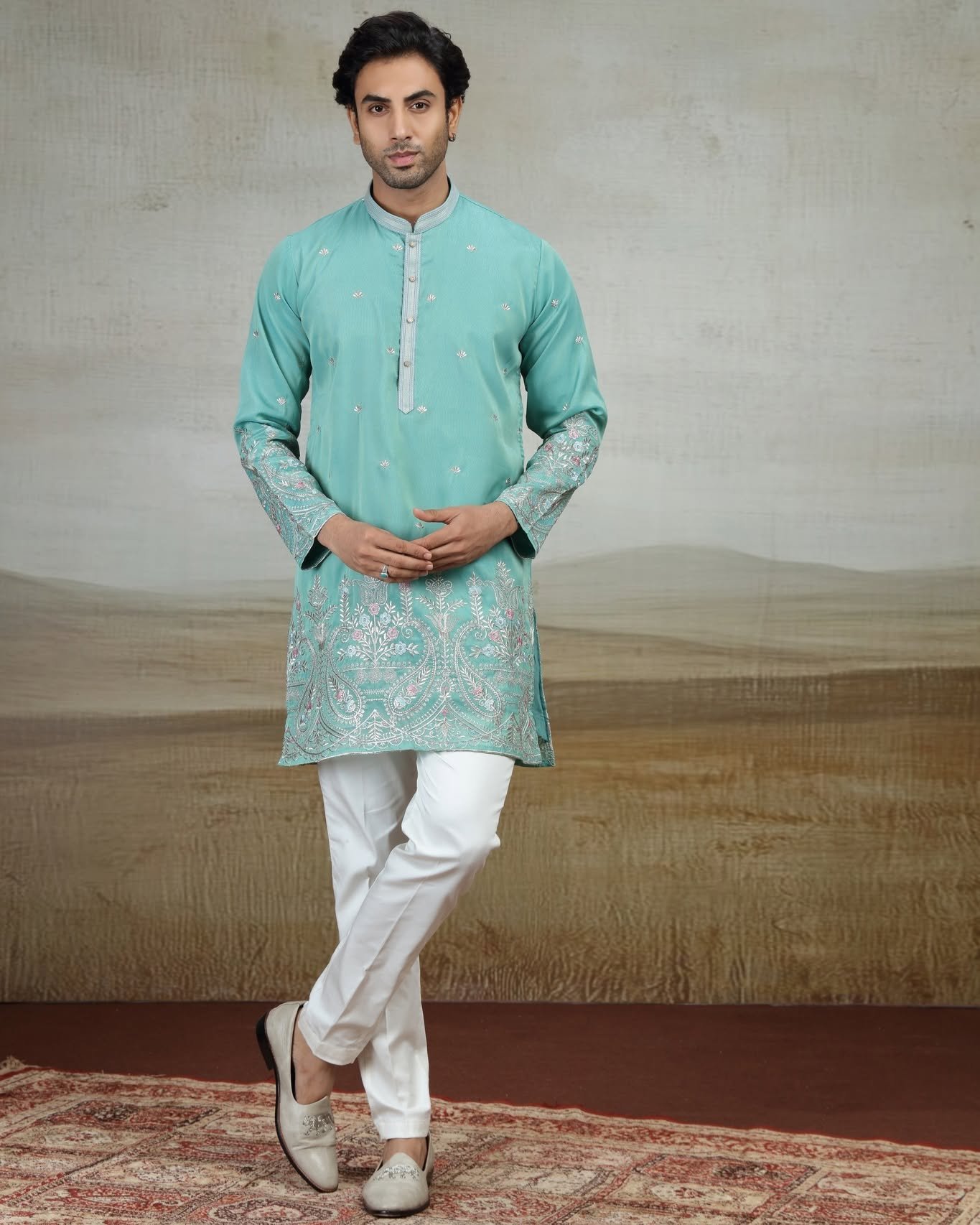 Aqua Green Designer Embroidered Kurta Set | D.No. 4751